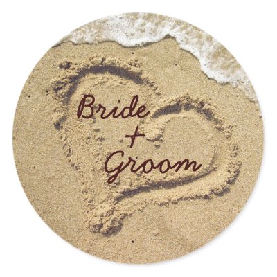 Personalized Stickers on Personalized Summer Wedding Stickers  With Heart Drawn In The Sand
