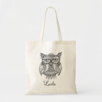 artsprojekt, doodle, whimsy, sweet, owl, bird, unique, original, personalized, hand drawn, white, black, drawing, ink, Bag with custom graphic design
