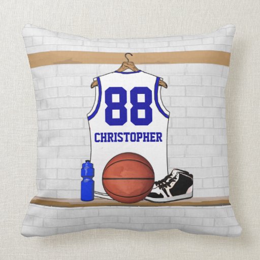 Personalized White and blue basketball Jersey Throw Pillow