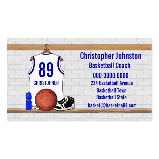 Personalized white Blue Basketball Jersey Business Cards (front side)
