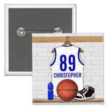 Personalized white Blue Basketball Jersey Button