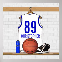 Personalized white Blue Basketball Jersey Posters
