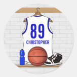 Personalized white Blue Basketball Jersey Round Sticker