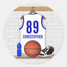 Personalized white Blue Basketball Jersey Round Sticker