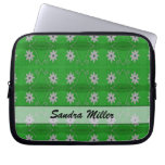 Personalized white flowers on green pattern laptop sleeves