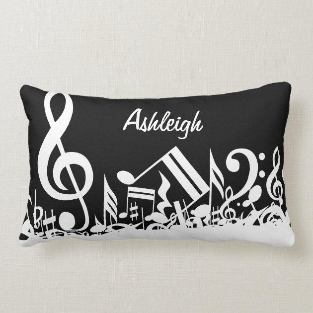 Personalized White Jumbled Musical Notes on Black Pillow