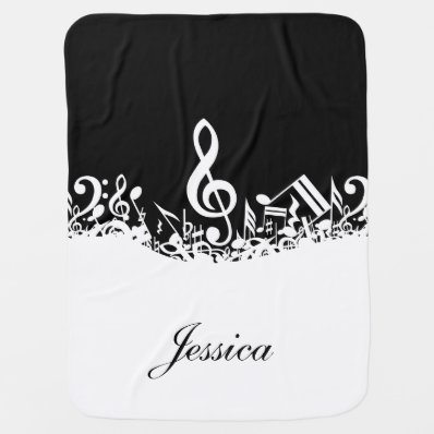 Personalized White Jumbled Musical Notes on Black Swaddle Blankets