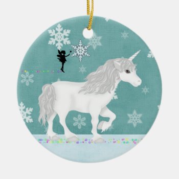 Personalized White Unicorn, Fairy and Snowflakes Ceramic Ornament