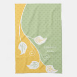 Personalized Yellow and Green Polka Dot Floral Vine Kitchen Tea Towel