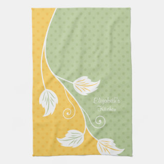 Personalized Yellow and Green Polka Dot Floral Vine Kitchen Tea Towel