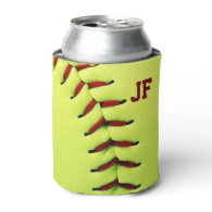 Personalized yellow softball ball can cooler