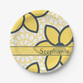 Personalized Yellow, White, Charcoal Modern Floral 7 Inch Paper Plate