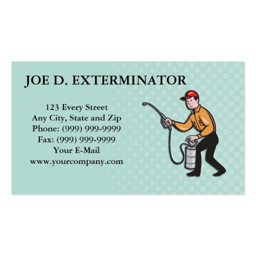 Pest Control Exterminator Worker Spraying Cartoon Business Cards (front side)