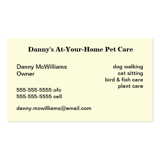 Pet Care Professional Business Cards (back side)