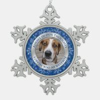 Pet Dog Memorial Photo Christmas Blue Silver Snowflake Pewter Christmas Ornament