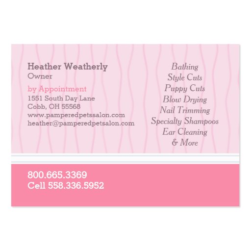 Pet Groomer Spa Dogs Cat Robes Pink Business Card Template (back side)