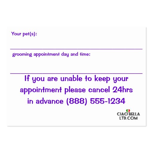 Pet Grooming Appointment Card Business Card (back side)