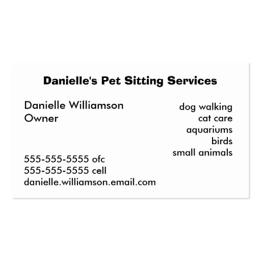 Pet Sitter's Dog Cat & Aquarium Business Card (back side)