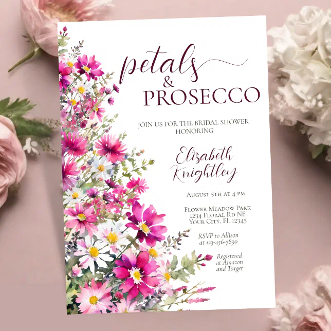 Petals Prosecco Bright Pink Floral Bridal Shower Invitation Zazzle