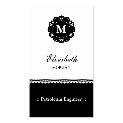Petroleum Engineer Elegant Black Lace Monogram Business Card (front side)