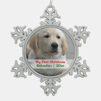 Pet's First Christmas Personalized Photo Template Snowflake Pewter Christmas Ornament