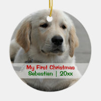 Pet's First Christmas Personalized Photo Template Double-Sided Ceramic Round Christmas Ornament