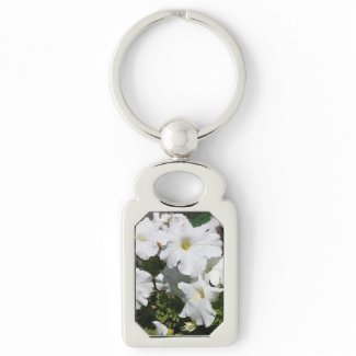 Petunia White Flower Silver-Colored Rectangular Metal Keychain