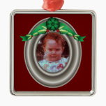 Pewter Photo Frame with Holly and Green Bow ornaments