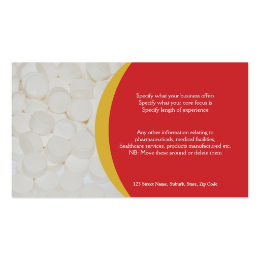 Pharmaceutical tablets medical Practitioner's Business Cards (back side)