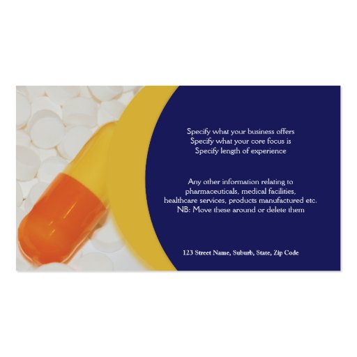 Pharmaceutical tablets medical Practitioner's Business Card Template (back side)