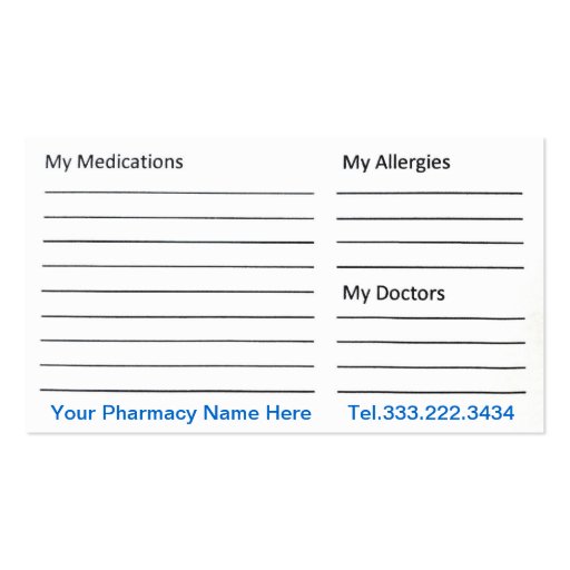 Pharmacy pharmacist medication list business card (back side)