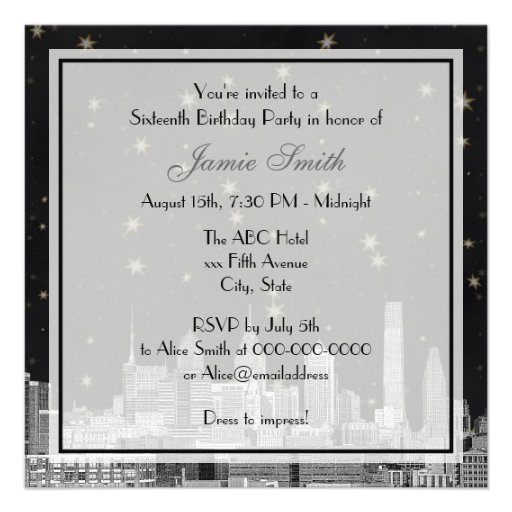 Philadelphia Skyline Black Gold Star Sweet 16 Custom Announcements