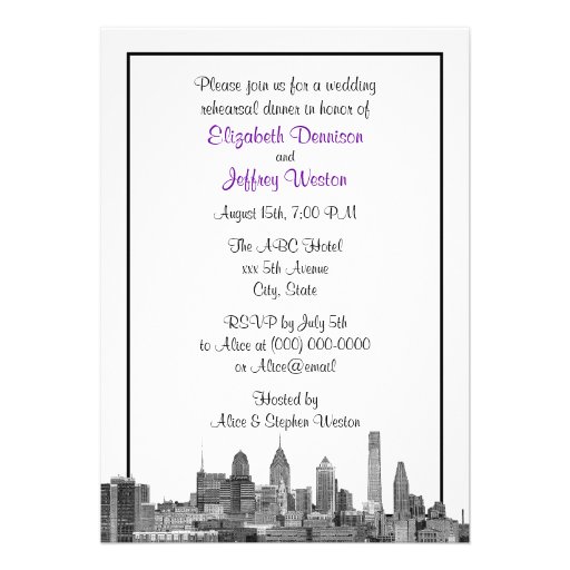 Philadelphia Skyline Etch BW Purp V Rehearsal Personalized Invites