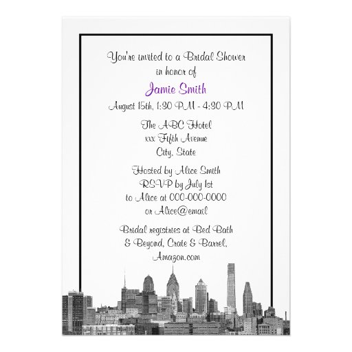 Philadelphia Skyline Etch BW Purpl V Bridal Shower Personalized Invite