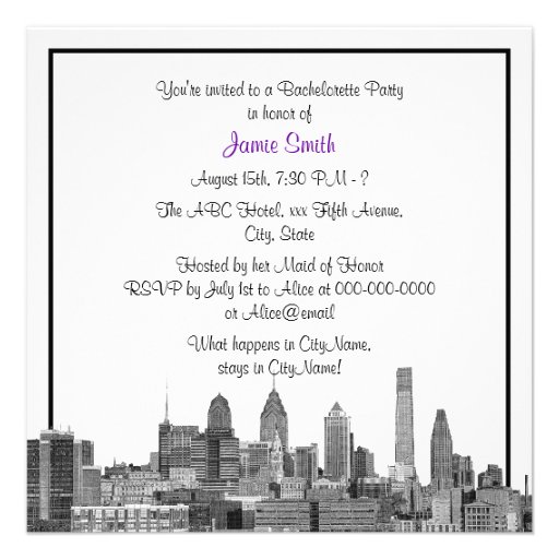 Philadelphia Skyline Etch BW Purple Bachelorette Invite