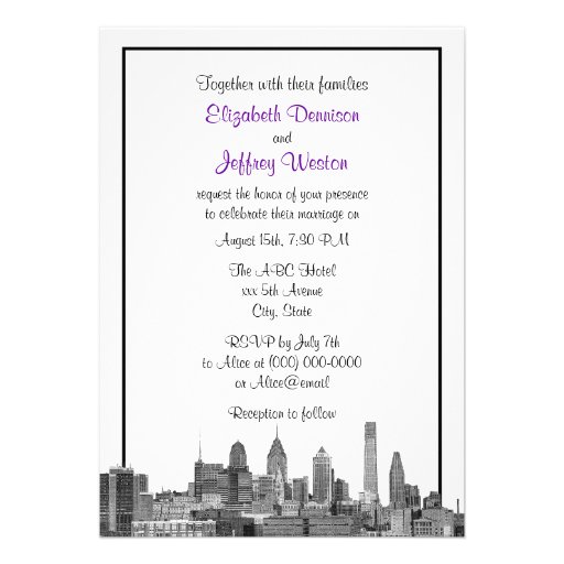 Philadelphia Skyline Etch BW Purple V Wedding Custom Announcements