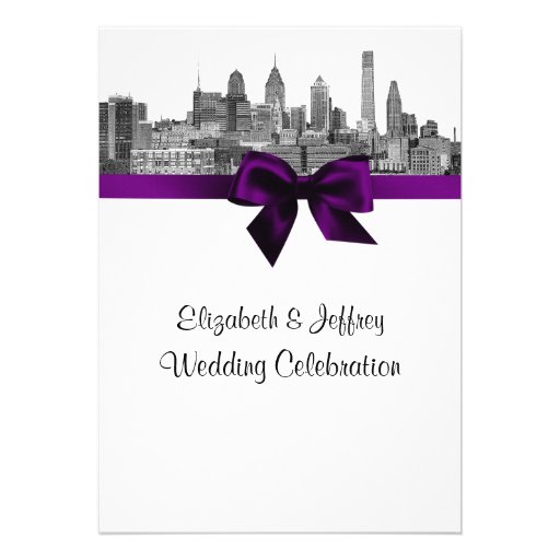 Philadelphia Skyline Etch BW Purple V Wedding Custom Announcements