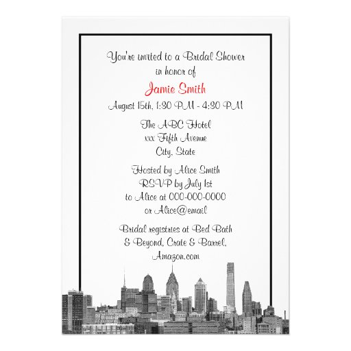 Philadelphia Skyline Etch BW Red V Bridal Shower Invitation