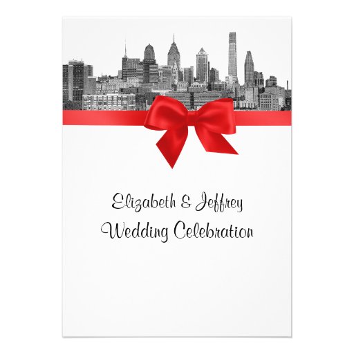 Philadelphia Skyline Etch BW Red V Wedding Invites
