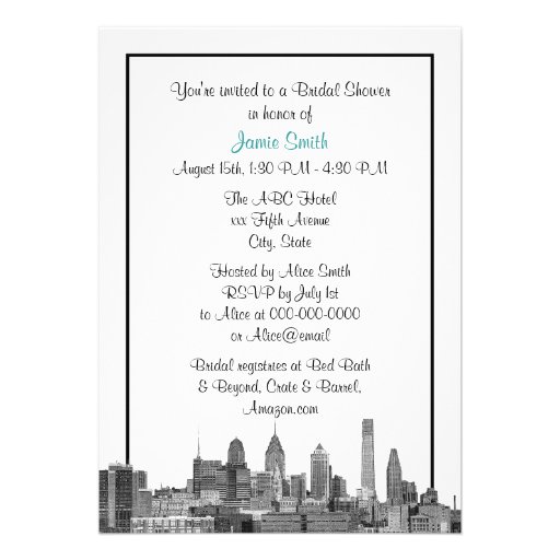 Philadelphia Skyline Etch BW Teal V Bridal Shower Invite