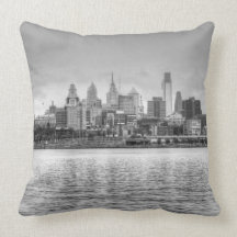 Philadelphia skyline in black and white throw pillows