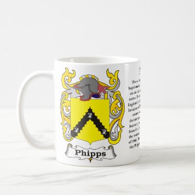 Phipps Family Crest including the History and Meaning of the Phipps name on a ceramic mug. This coat of arms can be used on any Zazzle mug and stein 