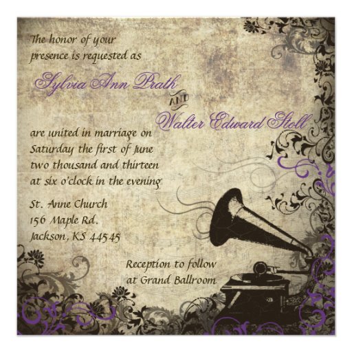 Phonograph Vintage Wedding Invitation Purple