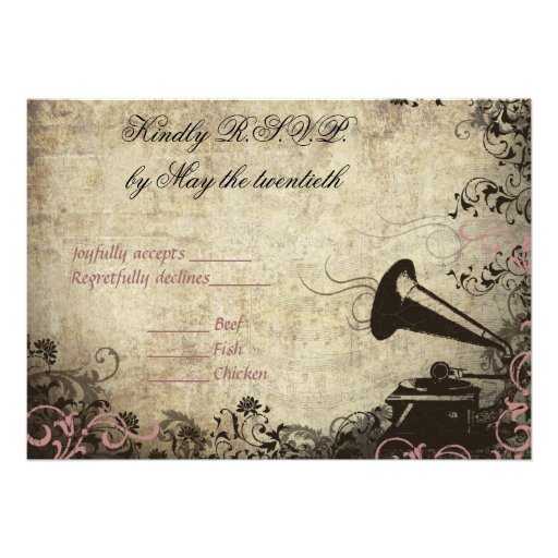 Phonograph Vintage Wedding RSVP Invitation PINK