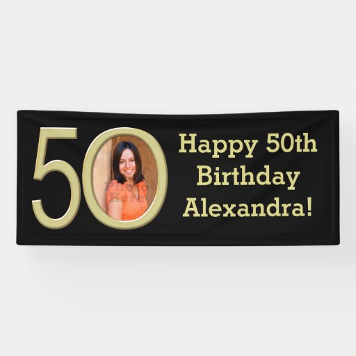 Photo 50th Birthday Party Banner Black/Gold | Zazzle