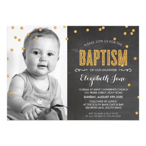 PHOTO BAPTISM gold glitter confetti chalkboard Personalized Announcement (front side)