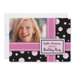 Photo Birthday Party Invitation Pink Black Dots