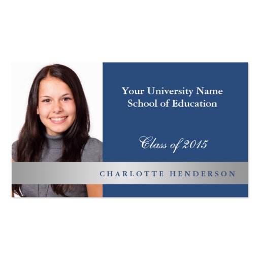 Photo blue graduation formal networking student business card template (front side)