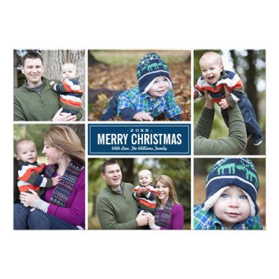 Photo Collage Christmas Greeting Card | Blue Invitation