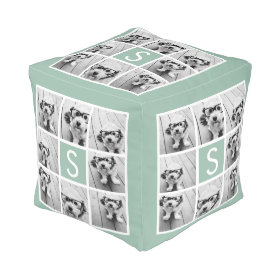 Photo Collage Custom Monogram - Mint Green Cube Pouf